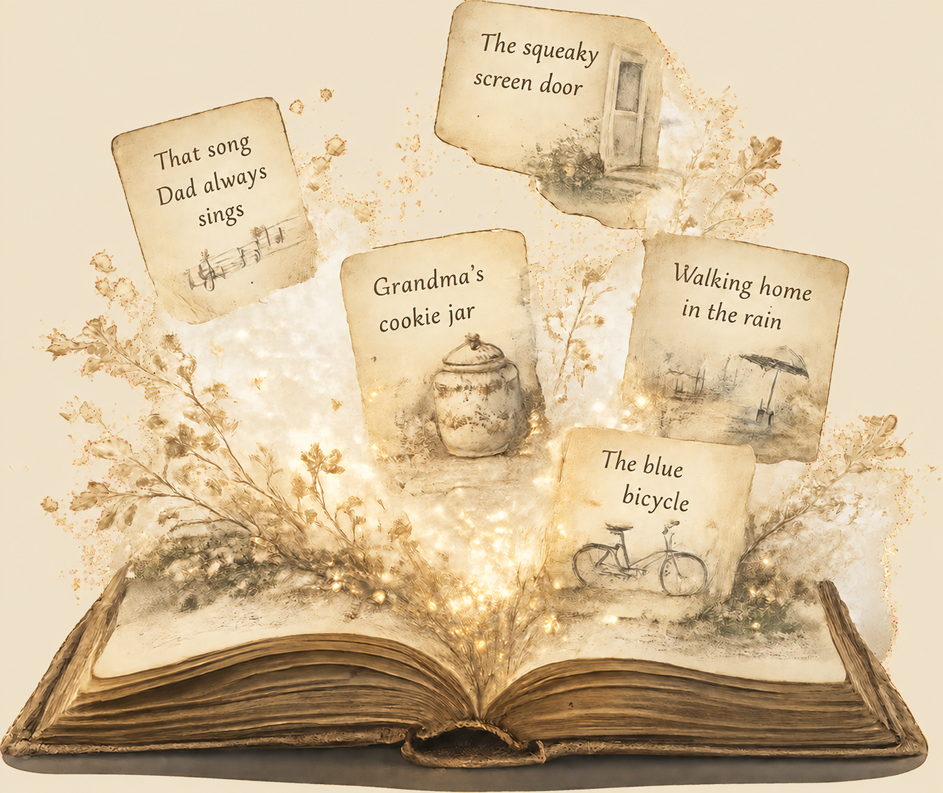 An open book with memories rising from its pages — a screen door, a cookie jar, a blue bicycle