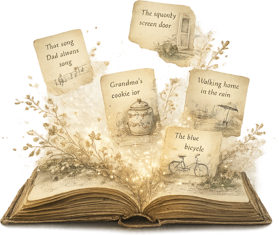 An open book with memories rising from its pages — a screen door, a cookie jar, a blue bicycle